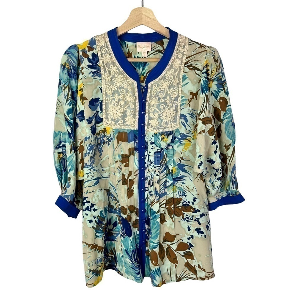 Tracy Reese Tan & Blue Floral Button Down Silk Long Sleeve Top S